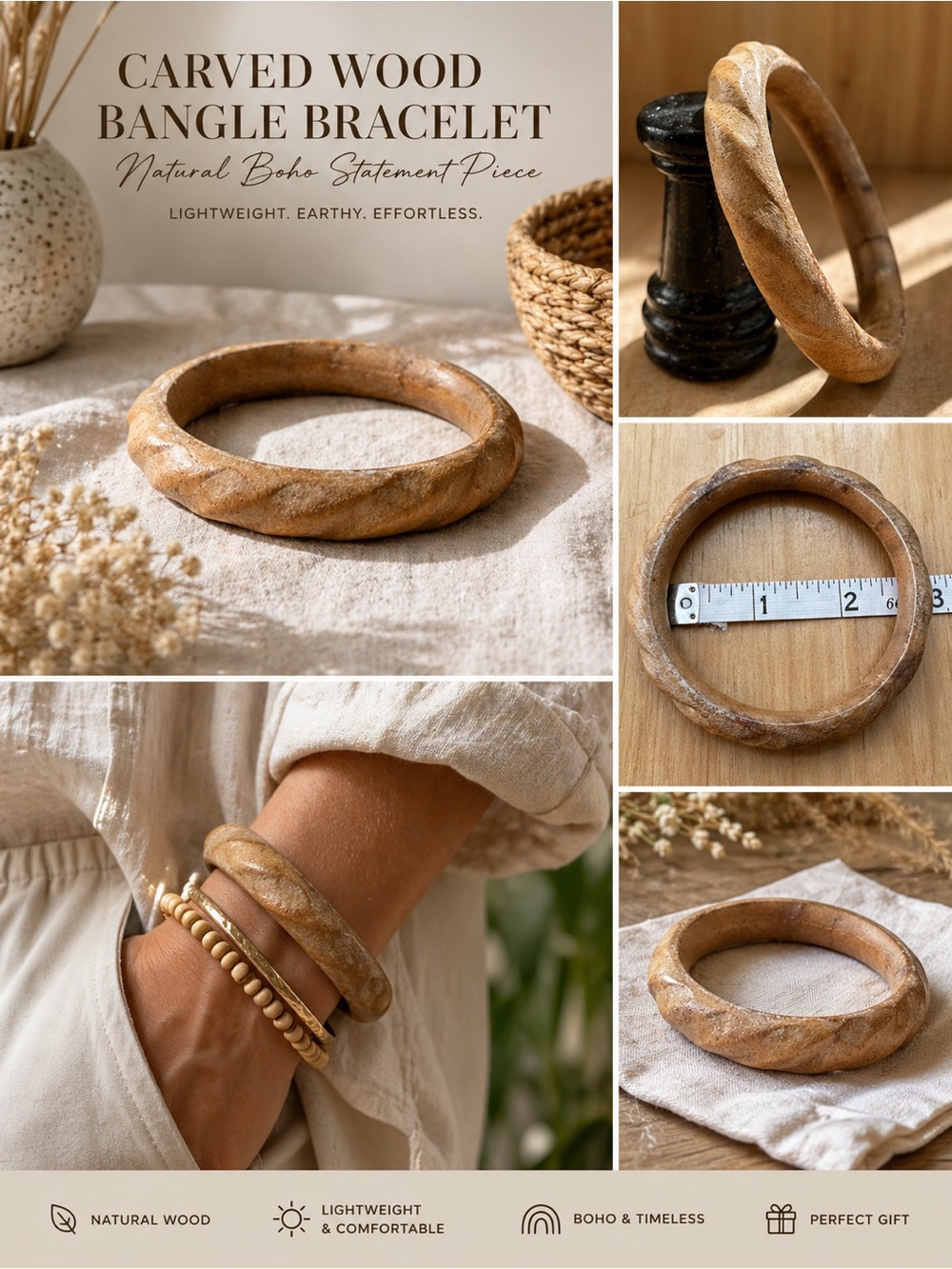 Carved Wood Bangle Bracelet – Natural Boho Statement Piece